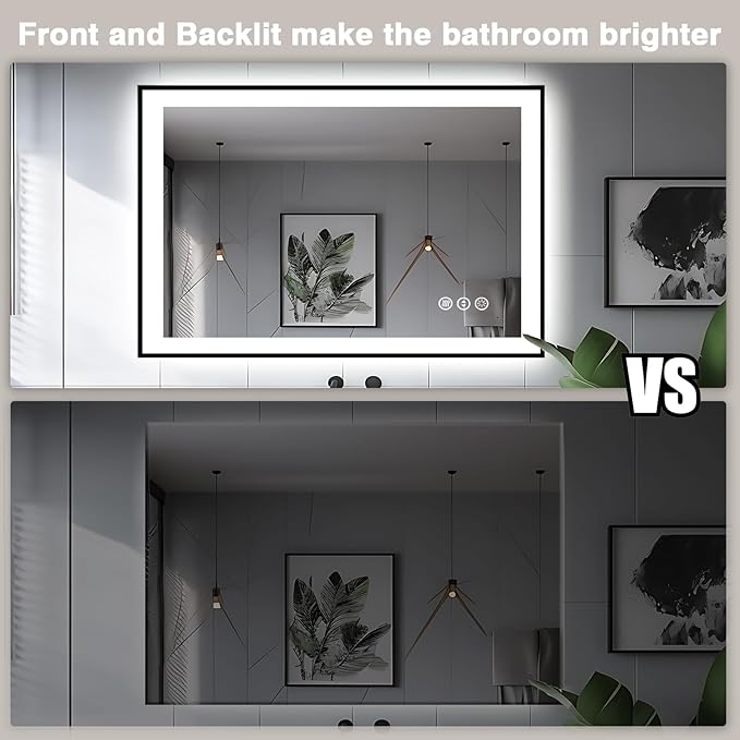 44x32 Bathroom Mirror with LED Lights - Black Framed, Front and Backlit Mirror, Anti-Fog LED Vanity Mirror, 3 Colors and Dimmable Mirror, Waterproof, Corrosion Proof (Horizontal/Vertical)