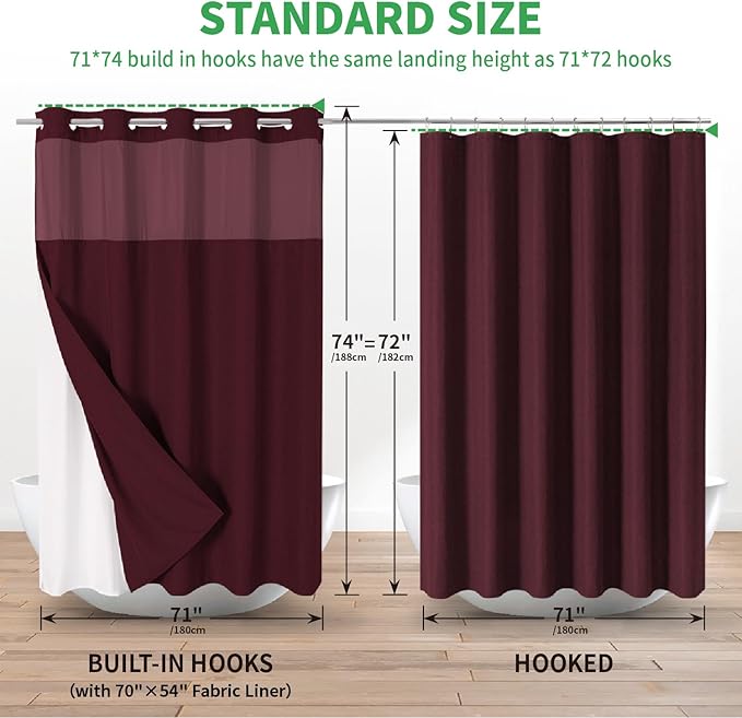 No Hooks Needed Linen Textured Shower Curtain with Snap-in Fabric Liner Set,Hotel Luxury Decor Shower Curtains for Bathroom with Mesh Top Window,Waterproof & Washable,71Wx74H,Burgundy