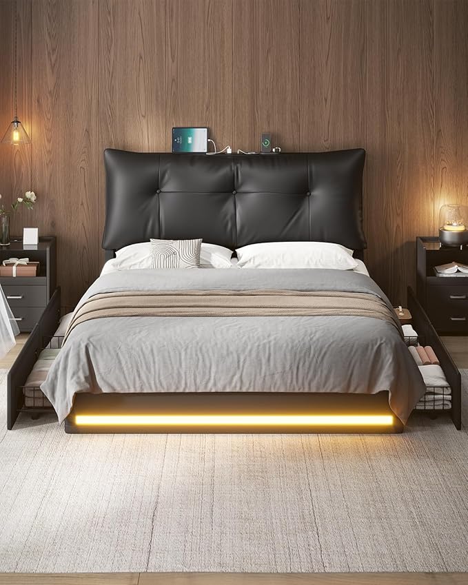 AOGLLATI Full Size Bed Frame with Removable Upholstered Thick Backrest Headboard, Led Bed Frame Full Size with 4 Storage Drawers and Charging Station, No Spring Box Needed, Black