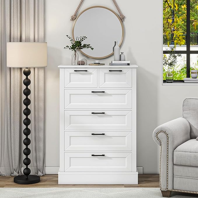 Odeekea White Dresser with 6 Drawers, Vertical Tall Dresser for Bedroom, Chest of Drawers for Nursery, Wood Closet Drawers for Hallway, Living Room, Entryway, 47” Tall Modern Farmhouse Style
