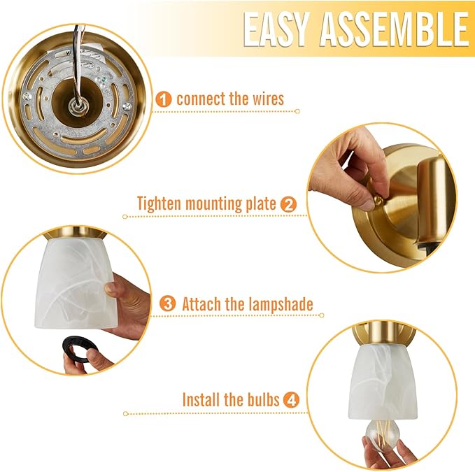 Wall Sconces Set of 2, Gold Vanity Lights for Bathroom, Modern Wall Light Fixtures with Rotary Switch, Wall Mount Light with Frosted Glass, Farmhouse Wall Lamp for Bedroom Living Room