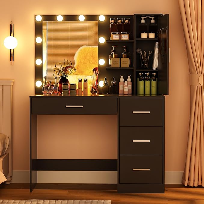 usikey sikey Makeup Vanity with Lights, Vanity Desk with Mirror and 10 LED Lights, Vanity Table Set with 4 Drawers, Cabinet & 4 Necklace Hooks, Dressing Table for Bedroom,Black