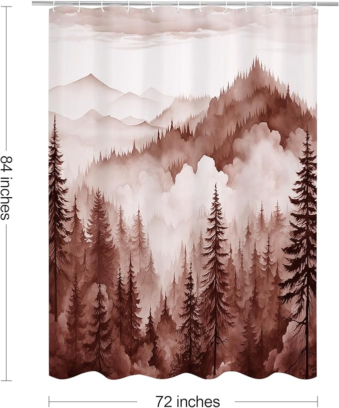 Burgundy Extra Long Misty Pine Forest Shower Curtain 72 x 84, XL Mountain Foggy Woodland Scenery Tree Shower Curtains for Bathroom, Abstract Waterproof Nature-Themed Decor