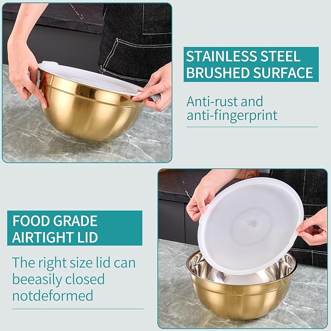 MEADLY Gold Mixing Salad Bowls With Lids Set of 4, Stainless Steel Nesting Bowl with white Lid,Dishwasher Safe,Home kitchen Mixing Prepping Storing Serving,size of 5.5,3.6,2.1,1.5,Qt
