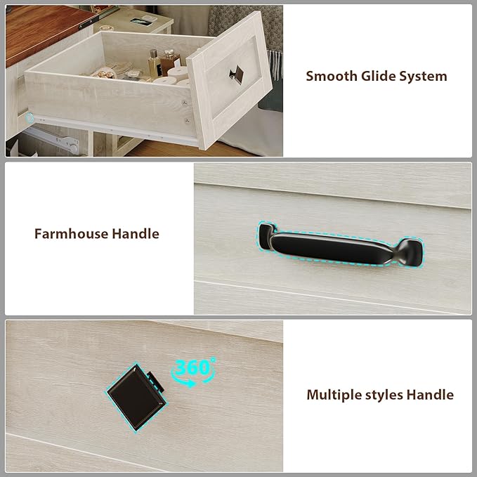 Farmhouse Makeup Vanity with Mirror and Lights 3 Colors, 76.8" Vanity Desk with 5 Drawer,Storage Cabinets,LED Light,Dressing Table with Power Outlets, Storage Shelves,Antique White