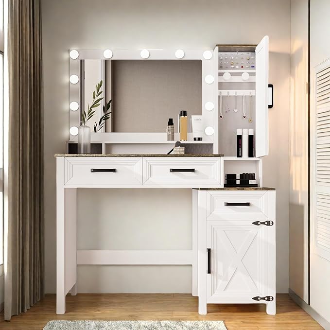 Makeup Vanity, Farmhouse Vanity with Square Mirror & Tricolor Lighting Adjustment, 43'' Fashion Makeup Desk with Two Spacious Drawers, Side Storage Cabinet & Built-in Charging Station, White