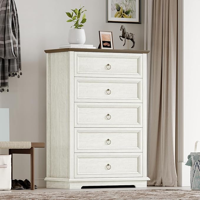 5 Drawer Dresser, Chest of Drawers with Double Anti-Tip, Modern Tall Dresser Organizer for Bedroom, Living Room & Hallway – Easy Assembly Storage Cabinet, White