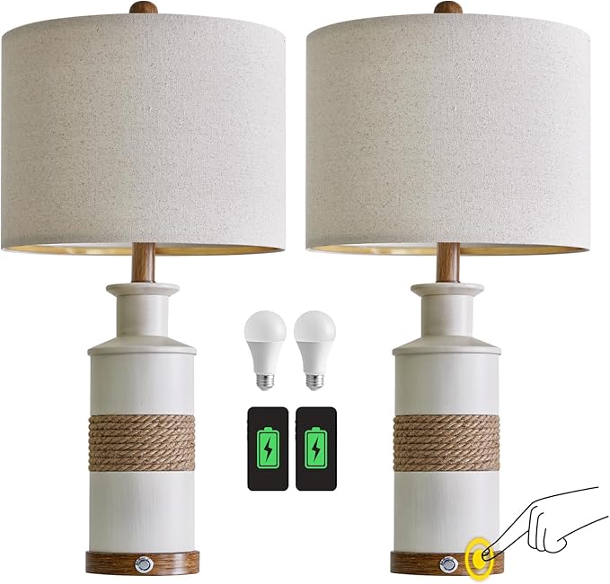 BOBOMOMO 24.5" USB A+C 3-Way Dimmable Touch Control Boho Table Lamp Set of 2 for Living Room Nightstand Beside Lamps for Bedroom(Include Two Bulbs)