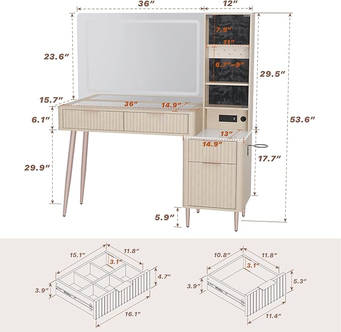 48" Fluted Makeup Vanity Desk with 36" Mirror and 3 Modes Lights, Glass Top Dressing Table with Jewelry Organizer Cabinet, Storage Cabinet, 3 Drawers, Charging Station for Bedroom, Oak