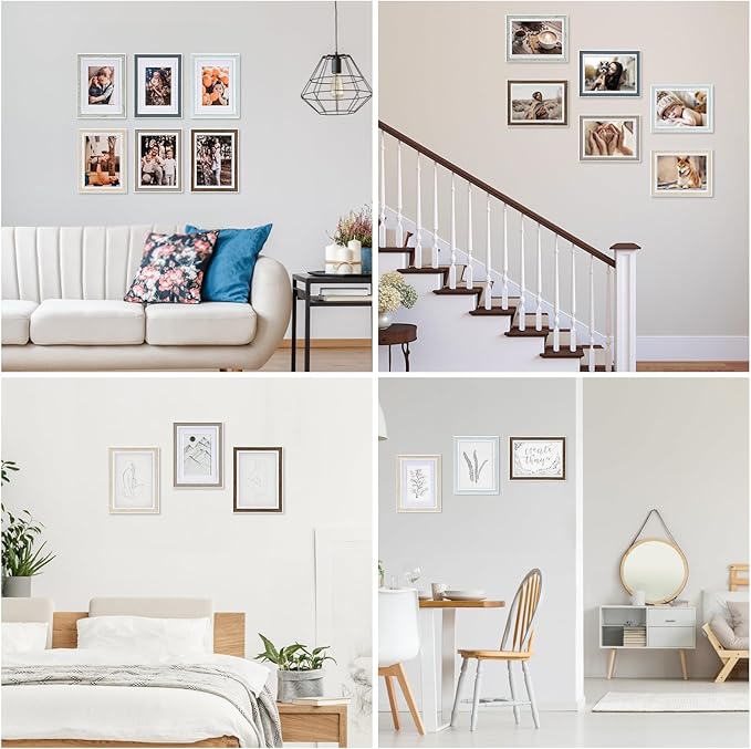 8x10 Picture Frame Set of 6, Rustic Farmhouse Photo Frame, Display 5x7 with Mat or 8x10 Without Mat for Decorative on Wall Hanging and Tabletop Placement