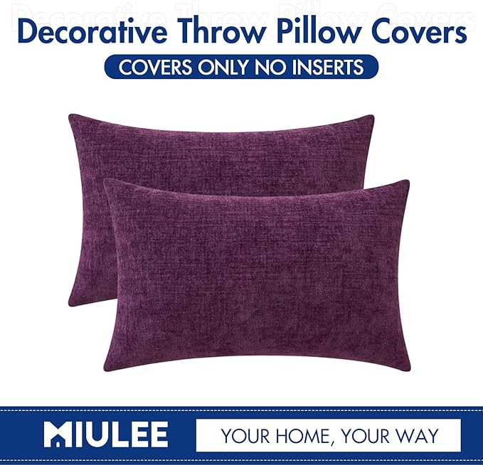 MIULEE Pack of 2 Couch Throw Pillow Covers 12x20 Inch Soft Plum Purple Chenille Pillow Covers for Sofa Living Room Solid Dyed Pillow Cases