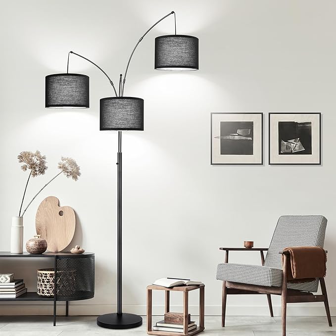 Dimmable Floor Lamp, 3 Lights Black Arc Floor Lamps for Living Room, Modern Tall Standing Tree Lamp with Black Shade & Heavy Base, Large Floor Lamp for Bedroom Office, 3x1000 LM LED Bulbs Included
