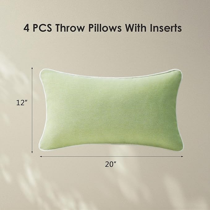 Decorative Outdoor Water Repellent Throw Pillows with Inserts, Set of 4, 20" x12" Pillows for Patio, Backyard, Bed, Couch, and Patio Furniture, Seaweed Green