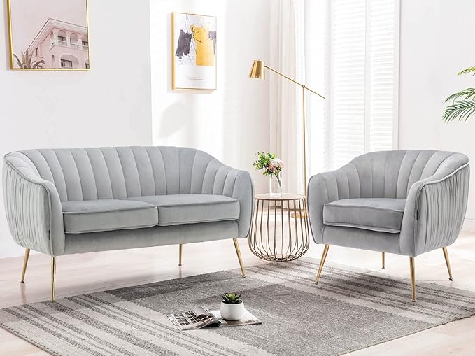 Velvet Couch Sofa Chairs for Two People, Modern Loveseat for Living Rooms, Bedrooms, Small Spaces, Golden Finished, Grey