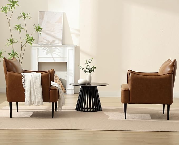 Mid Century Modern Accent Chairs Armchairs Set of 2, Brown PU Leather Living Room Chair Sofa Lounge Chair with Metal Legs Reading Chair with Armrest for Bedroom Office Apartment