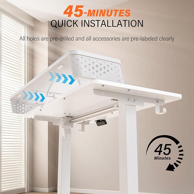 Electric Standing Desk with 2 Drawers 48''x 24'' Adjustable Height Sit to Stand Up Desk with Storage Shelf, C-Clamp Mount Compatible White Home Office Desks Computer Gaming Table Ergonomic Workstation