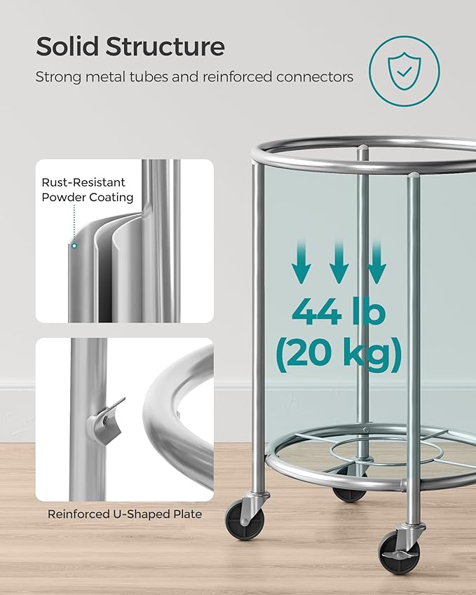 SONGMICS 29-Gallon (110 L) Laundry Basket with Wheels, Rolling Round Heavy-Duty Laundry Hamper Cart with Steel Frame and Removable Bag, 2 Locking Wheels, Gray and Metallic Silver URLS002G01