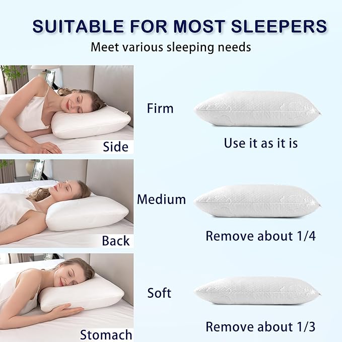 Shredded Memory Foam Pillows for Deep Sleep Bed Pillow forNeck Support with Removable & Washable Cover, Rectangular White-Cooling++, Standard Pack of 2