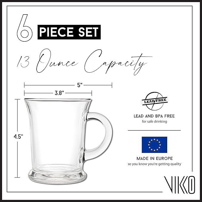 Vikko Glass Coffee Mugs Aroma Collection 13 Ounce Thick and Durable Wide, Set of 6 Heavy Base Dishwasher Safe Large Glass Coffee Cups