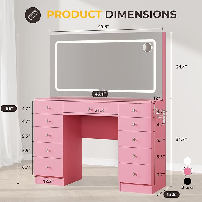 Vanity Desk with Mirror and Lights, 11 Drawers Makeup Vanity Desk with Tempered Glass top, 3 Lighting Modes Adjustable Brightness, Pink Vanity with Magnetic 5X Magnifier for Bedroom