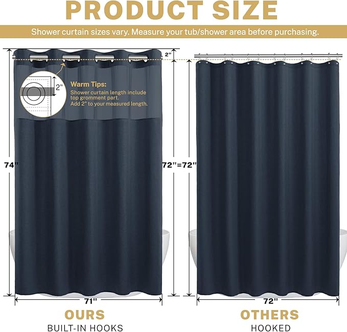No Hook Shower Curtain with Snap in Liner, Polyester Textured Shower Curtain with Liner Set, Waterproof Washable Hotel Style Shower Curtains for Bathroom, 71Wx74H, Navy