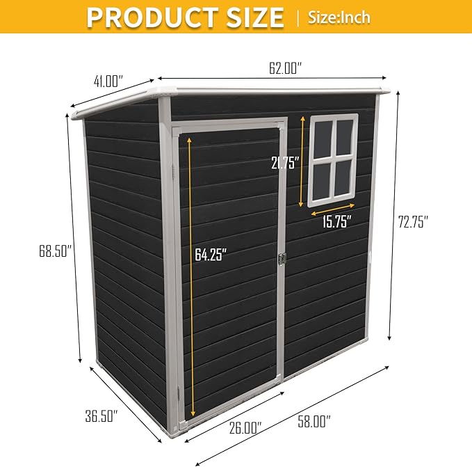 5x3 FT Outdoor Storage Resin Shed with Floor, Waterproof Plastic Garden Tool Shed with Windows, Vents & Lockable Door and Sloped Roof, Easy to Assemble Bike Shed for Patio, Backyard, Lawn, Black