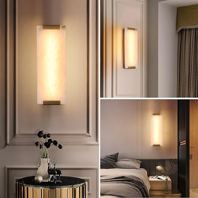 14.2in Alabaster Wall Sconces, Large Natural Marble Wall Sconces Set of Two, LED Modern Wall Lamp for Bedroom, Stairs, Living Room, Vanity, Bedside, Hallway (Brushed Bronze 12W)