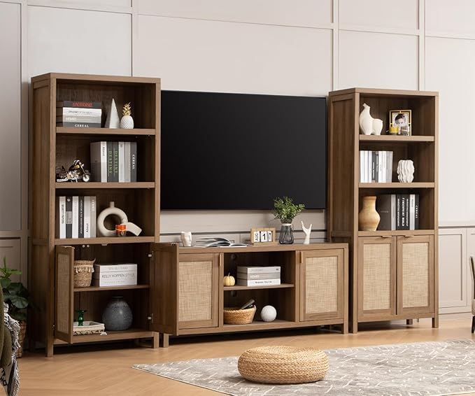 SICOTAS TV Stand for Living Room : Rattan TV Console Cabinet with Storage and Shelf, Boho Entertainment Center, 59" Media Console for 55, 65 Inch TV, 26" Tall Television Stands, Oak