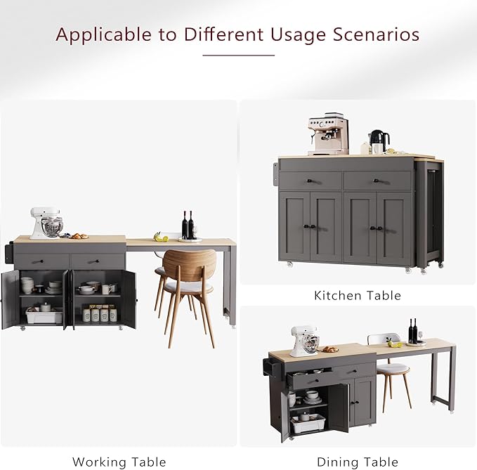 74.5" Rolling Kitchen Island on Wheels with Extendable Dining Table, Storage Cart with 2 Drawers, 4 Door Cabinet, Spice Rack for Kitchen, Dining Room, Grey