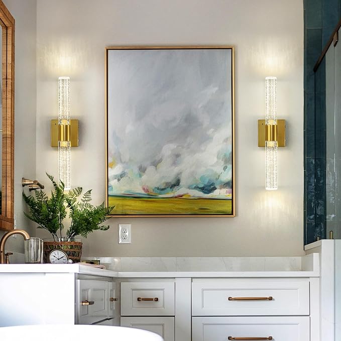 Gold Wall Sconces Set of Two Battery Operated, Wireless Rechargeable Wall Sconce Set of 2 with Remote Control, Modern LED Wall Light for Bedroom, Living Room, Hallway (4000K)