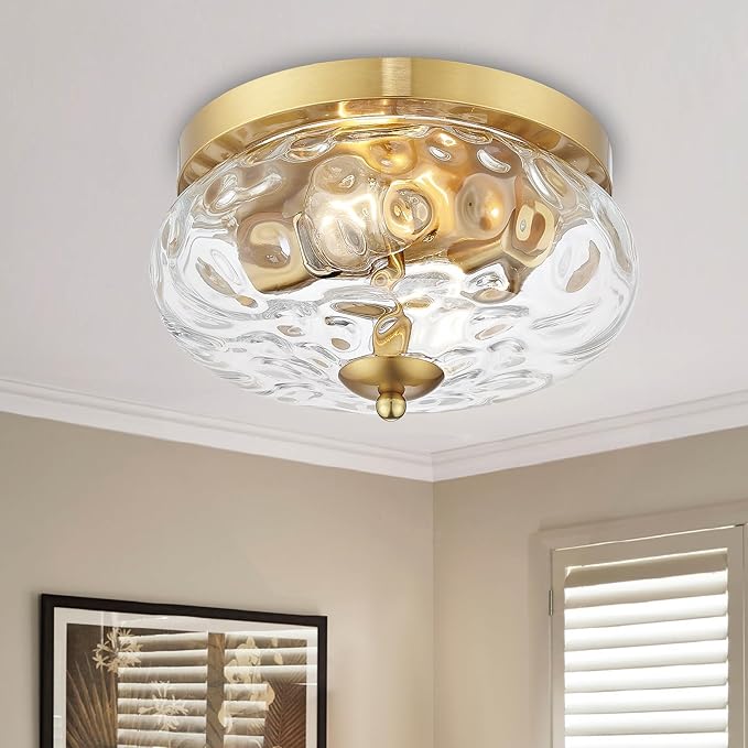 Darkaway Ceiling Light Fixtures Flush Mount Indoor Outdoor Ceiling Light with Water Ripple Glass Shade for Hallway Kitchen Bedroom Porch Living Room Gold Finish