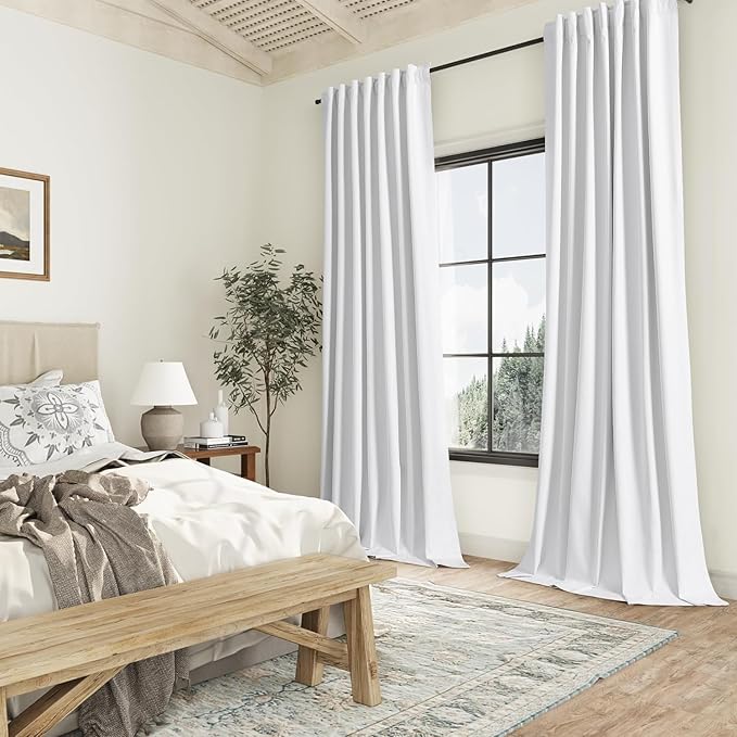 Guken White Linen Blackout Curtains 42 Inch Wide by 84 Inch for Living Room Bedroom Back Tab Thermal Insulated 100% Black Out Linen Drapes Room Darkening Window Curtains White