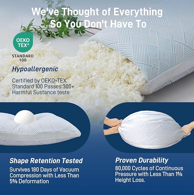 Shredded Memory Foam Cooling Soft Bamboo Viscose Pillows Queen Size Set of 2, Adjustable Hypoallergenic Hotel Quality Bed Pillows for Side, Stomach or Back Sleeper, Oeko-TEX Certified