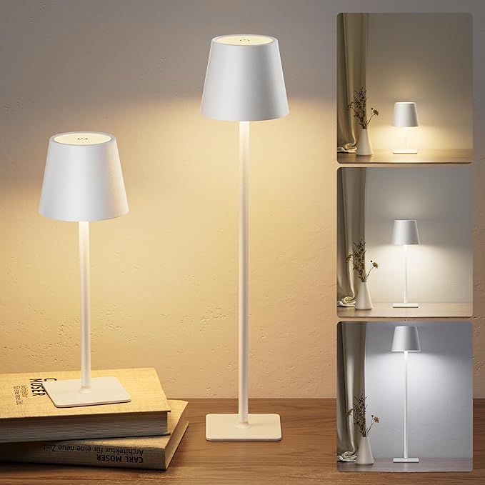 JACKYLED Cordless Lamp DIY Height, 3 Color Stepless Dimming, 5000mAh Battery Operated Lamp Portable Rechargeable for Bedroom Dinning Kitchen, White, 2 Pack