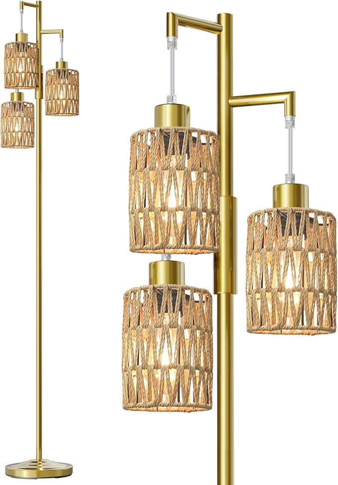 Oneach 70" Floor Lamps for Living Room, Stepless Dimmable Boho Floor Lamp with 3 Bulbs, Tall Farmhouse Industrial Corner Standing Tree Lamp for Bedroom, Office, Study Room, Dining Room, Gold