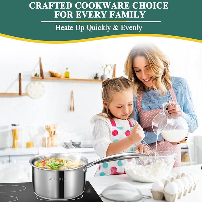 DELALRO Tri-Ply Stainless Steel 2.5 QT Saucepan with Lid, Heavy Duty Induction Pot, Fast Even Heat, Fuel Saving, Induction Cookware, Kitchen and Dining Steel Saucepan