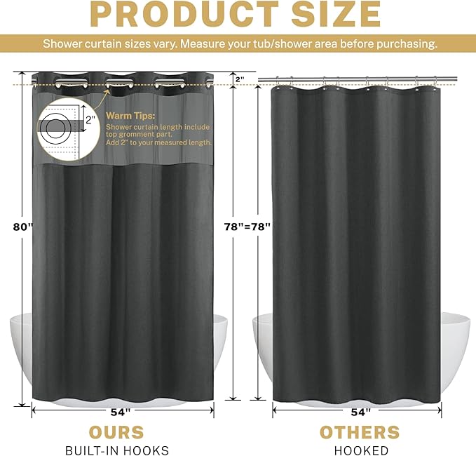 Small No Hook Shower Curtain with Snap in Liner, Polyester Textured Shower Curtain with Liner Set, Waterproof Washable Hotel Style Shower Curtains for Bathroom, 54Wx80H, Charcoal Grey