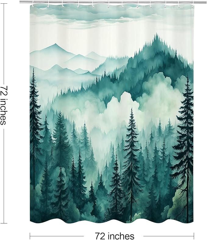 Teal Blue Misty Pine Forest Shower Curtain, Mountain Foggy Woodland Scenery Tree Shower Curtains for Chic Rustic Bathroom, Turquoise Abstract Waterproof Nature-Themed Decor, 72x72 Inches