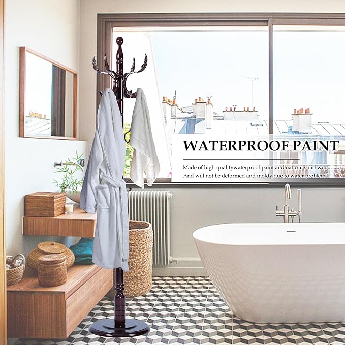 Wood Coat Rack Freestanding, Natural Coats Tree Stand with 14 Hooks, 73" Sturdy and Easy Assembly Coat Rack Stand for Entryway, Hallway, Bedroom, Bags, Hats (Heavy-duty Disc Base, Royal Claw)