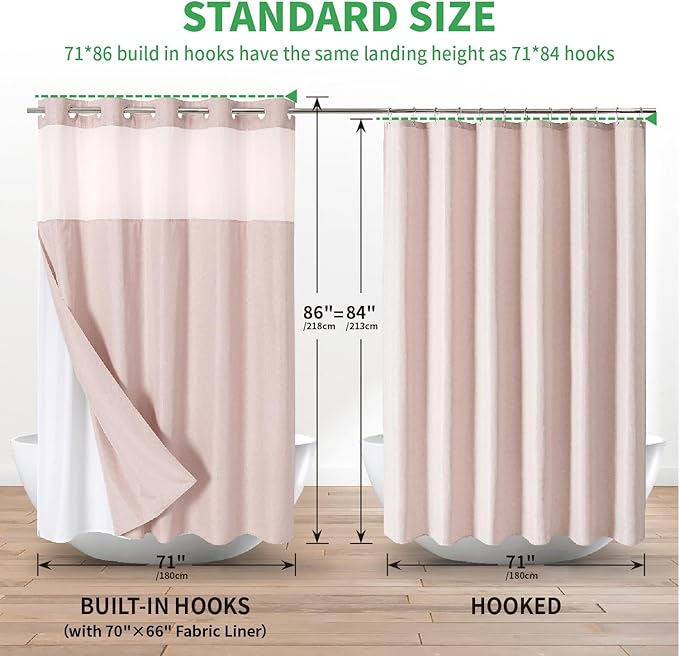 Extra Long No Hooks Needed Linen Textured Shower Curtain with Snap-in Fabric Liner Set,Blush Hotel Luxury Decor Shower Curtains for Bathroom,Waterproof & Washable,71Wx86H