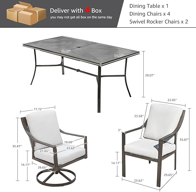 NATURAL EXPRESSIONS 7 Piece Patio Dining Table Outdoor Furniture Set for 6, 4Pcs Fixed and 2Pcs Swivel Patio Dining Chairs with Olefin Cushions, 65”Large Dining Table with Umbrella Hole