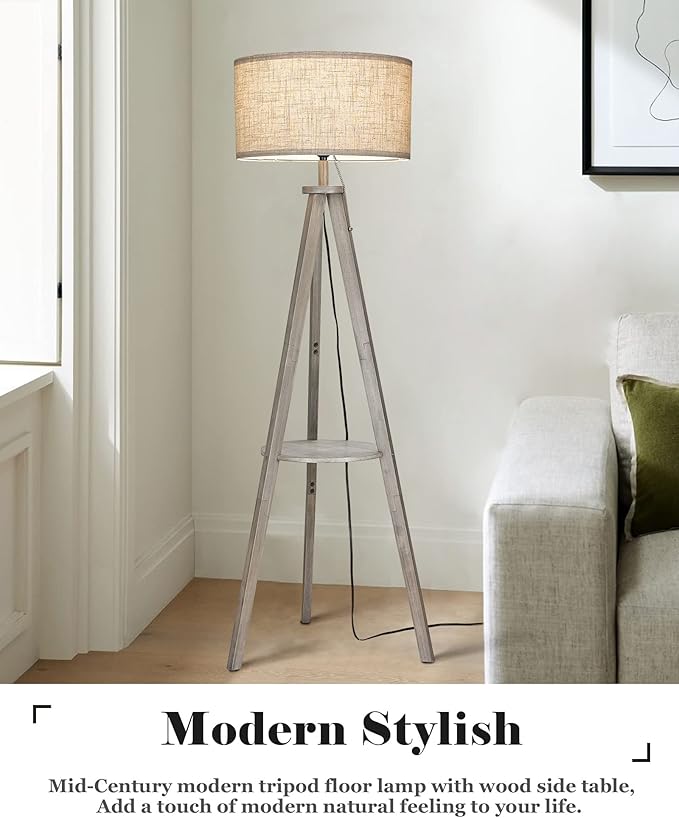 ELYONA Tripod Floor Lamp with 3 Color Temperatures LED Blub, Wood Floor Lamp with Table - Farmhouse Tall Reading Standing Light for Living Room, Bedroom, Office, Study Room, Pull Chain Controls, Grey