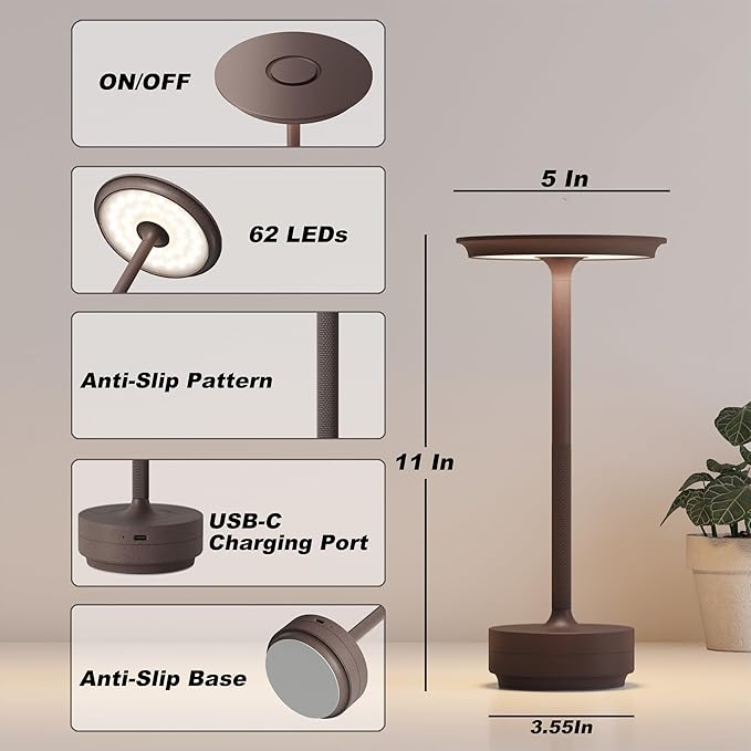 2 Pack Rechargeable Cordless Table Lamps, 5000mAh Portable Battery Table Light, 3 Color Stepless Dimming LED Table Light with Memory Function, for Outdoor/Home/Patio/Restaurant.(Rust)