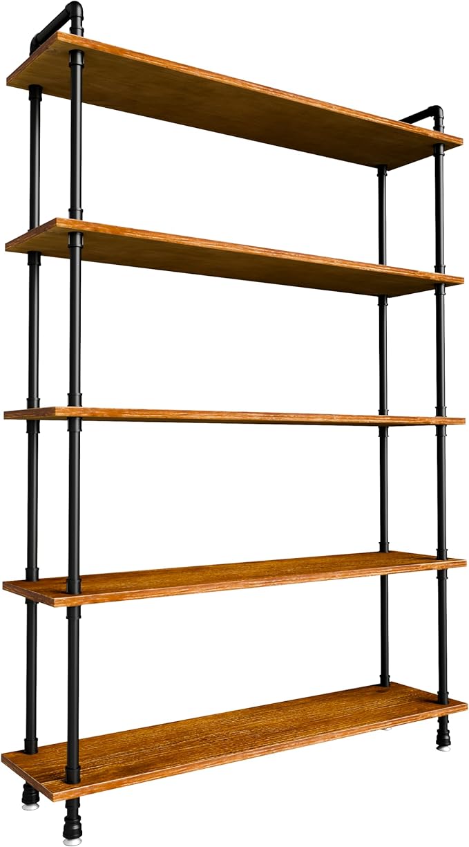 Industrial Bookshelf, 5-Tier Pipe Shelf, Wall Mounted Bookcase for Home and Office (Rustic Brown, 48" L x 11.8" W x 70" H)