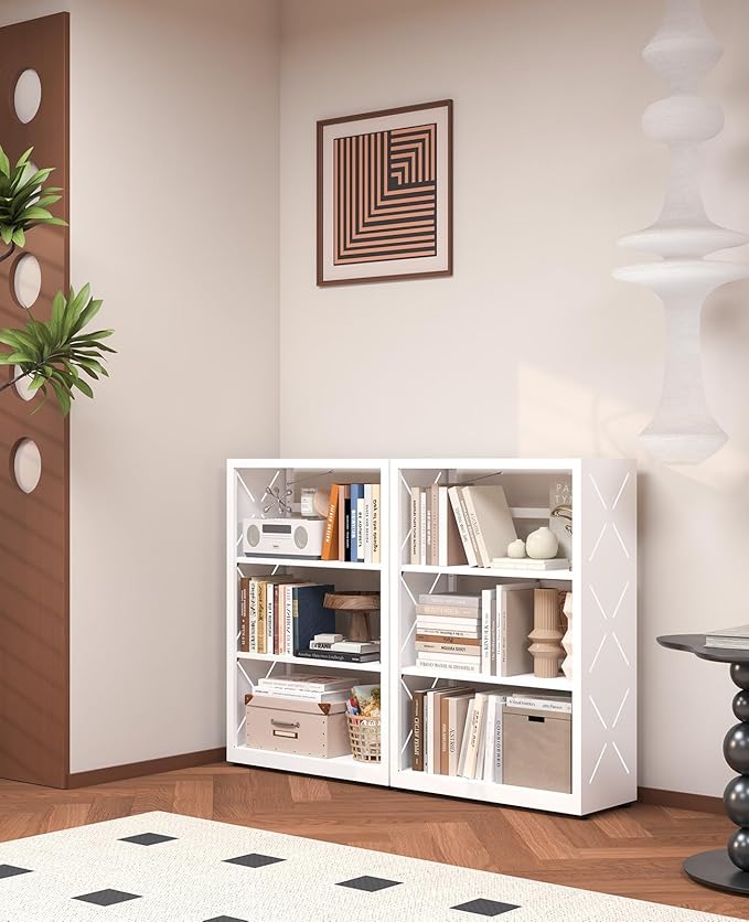 3 Tier Metal Book Shelf, Adjustable Bookcase with Anti-Tip Device & Leveling Feet, Heavy-Duty White Corner Bookshelf for Home Office, Bedroom, Garage