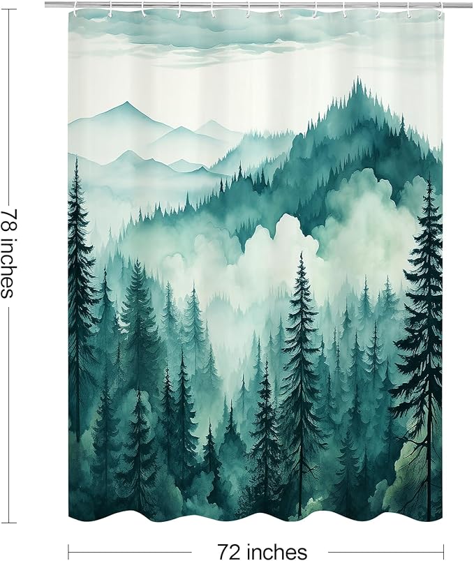 Teal Blue Long Misty Pine Forest Shower Curtain 72 x 78, Mountain Foggy Woodland Scenery Tree 78 Inch Long Shower Curtains for Bathroom, Turquoise Abstract Waterproof Nature-Themed Decor