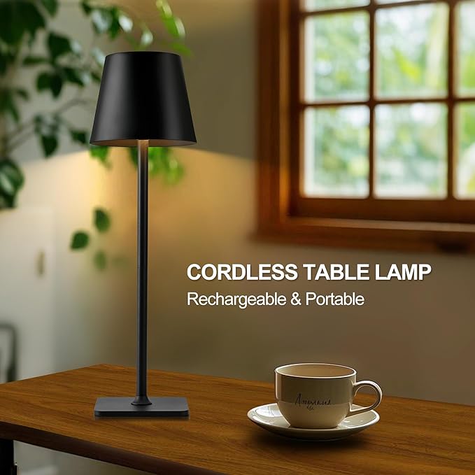 Cordless Table Lamp, Rechargeable lamp Portable, 5200mAh Battery Operated Lamp, 3 Color Stepless Dimming Up, Table Lamps Set of 2 for Restaurant/Bars/Outdoor Party/Camping/Coffee Shop (Black)