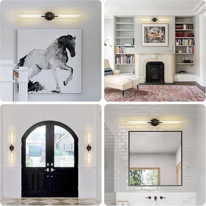 Black Wall Sconces Hardwired, 30" Bronze Wall Sconce for Bathroom, Linear Sconces Wall Lighting, 2-Light Knurled Wall Sconce Dimmable, Vanity Light with Tube Glass, Bathroom Light Fixtures over Mirror