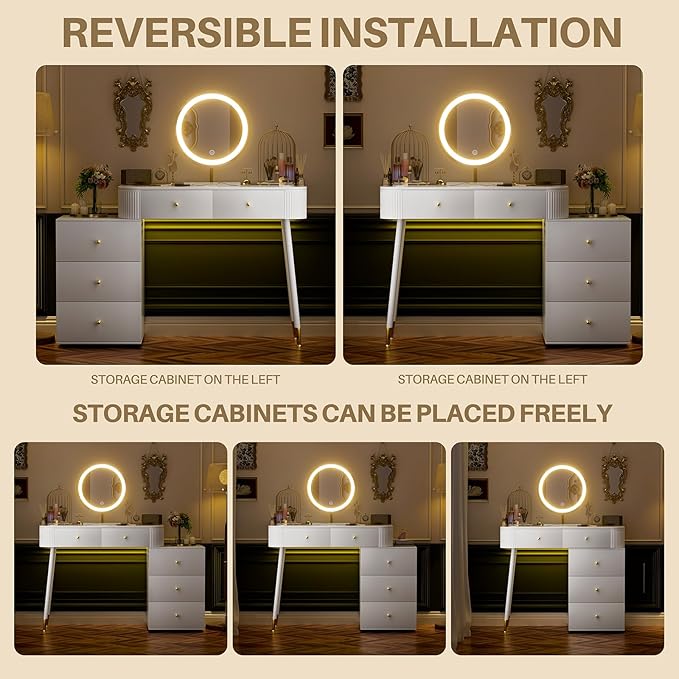 WinZo 36" Vanity Desk with Mirror and 3 Light Modes, Dressing Table Set with 5 Sliding Drawers, Makeup Desk with Charging Station, Modern Vanity for Small Spaces & Bedroom, White