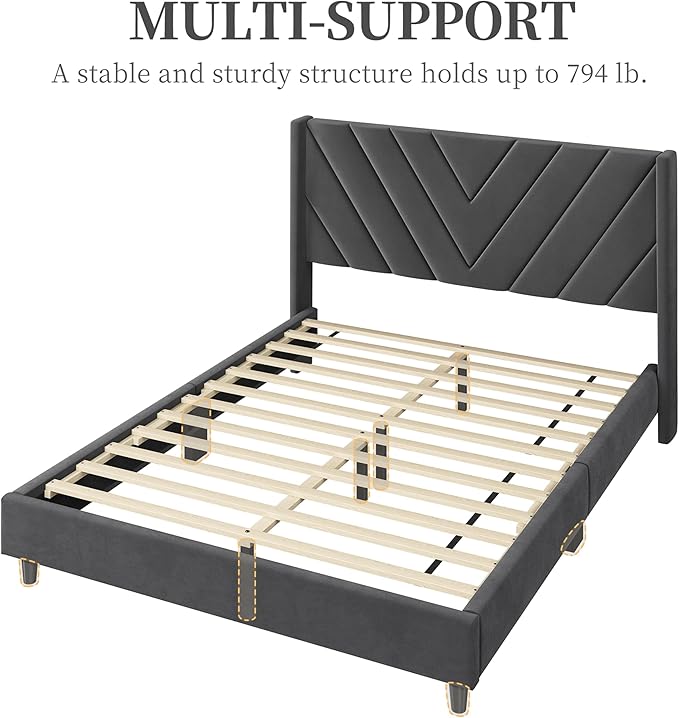 Yaheetech Queen Bed Frame Upholstered Platform Bed with Wing Side/Wooden Slat Support/Tufted Headboard with Wing Side/Mattress Foundation/No Box Spring Needed,Dark Gray Queen Bed